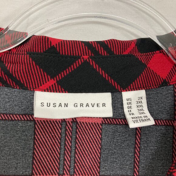 Susan Graver Top size 2X Red Black Plaid Preppy Asymmetric Hem Button Down - Picture 2 of 9